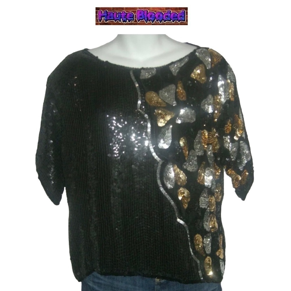 J.L.B. Vintage 80's Sequin Blouse Avante Garde VTG Beaded Art Deco Silk Flapper